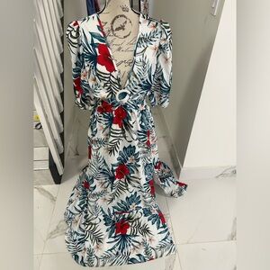 White Tropical Floral Print Wrap Maxi Dress with Red Hibiscus Size XL